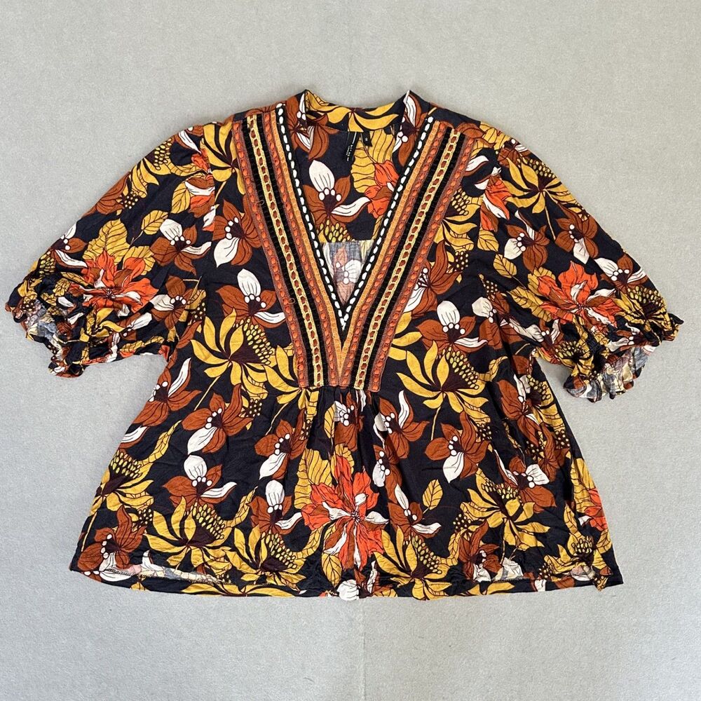 Blank London Boho Embroidered V Neck Viscose Floral Blouse Top Orange Plus Size